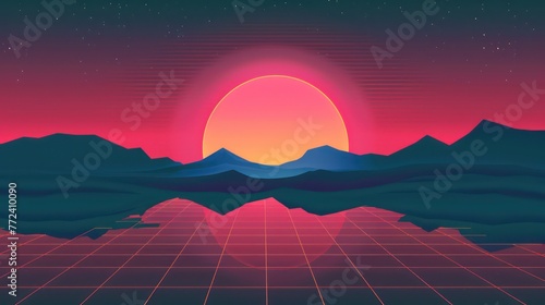 A digital retro-futuristic synthwave landscape featuring a radiant sunset behind a mountain range with a grid foreground conjuring up nostalgic 80s vibes