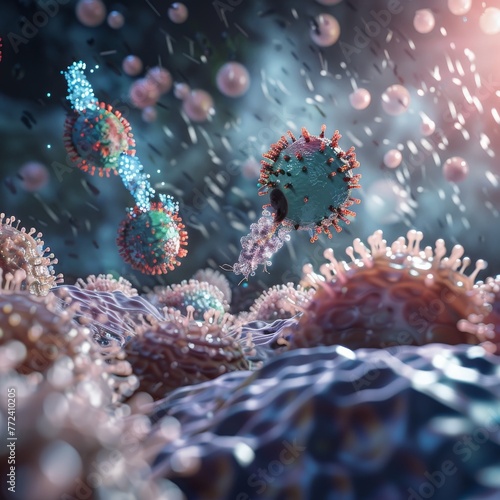 Educational visualization of the immune response at the cellular level, showing Tcells in action hyper realistic photo