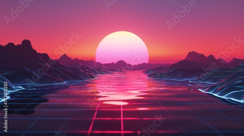 A mesmerizing neon-lit retro synthwave sunset with a radiant sun dipping below a mountainous digital landscape reflecting on water