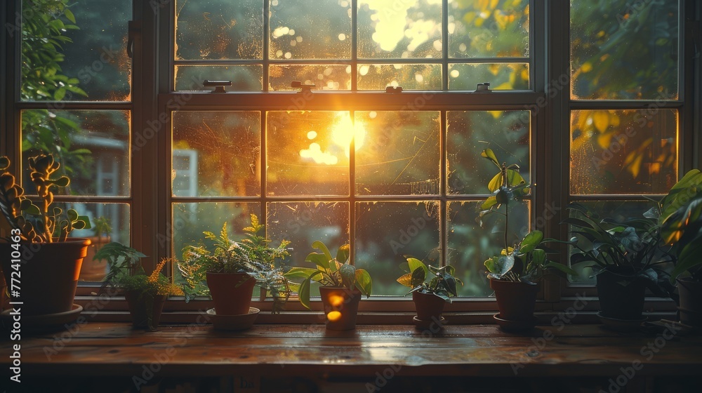Sunlight shines through window pane, illuminating sill with potted plants Sunlight shines through window pane, illuminating sill with potted plants