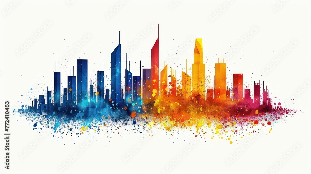 A stunning city skyline silhouetted against vibrant splashes of watercolor hues, radiating a sense of energy, creativity, and urban vibrancy in this artistic representation