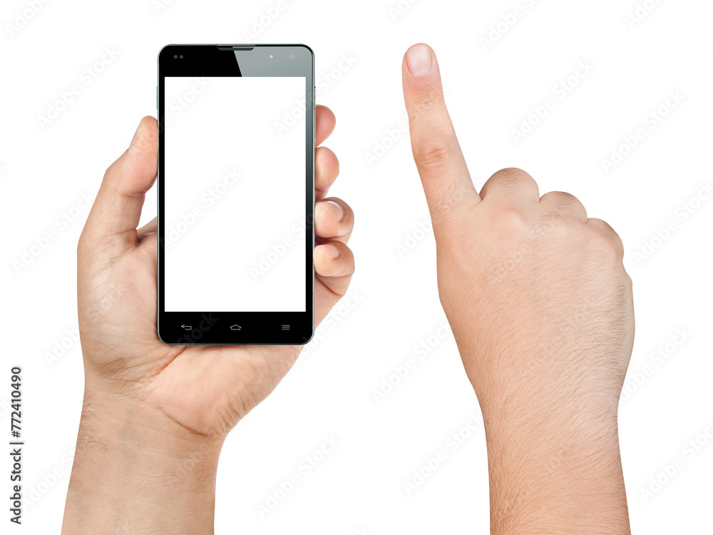 Closeup hand holding and showing smartphone or mobile with blank screen and index finger ready to tap isolated on white.
