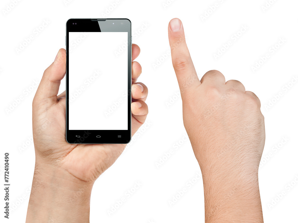 Closeup hand holding and showing smartphone or mobile with blank screen and index finger ready to tap isolated on white. Closeup hand holding and showing smartphone or mobile with blank screen and index finger ready to tap isolated on white.