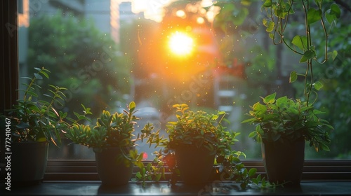 A window sill with potted plants  bathed in sunlight filtering through the window pane