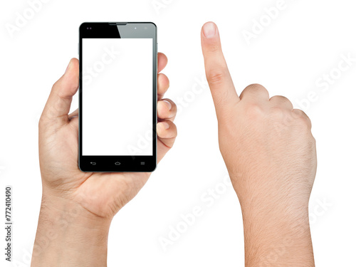 Closeup hand holding and showing smartphone or mobile with blank screen and index finger ready to tap isolated on white.