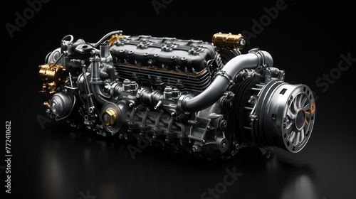 A high-resolution image showcasing a complex car engine with intricate details and metallic finishes on a sleek black background