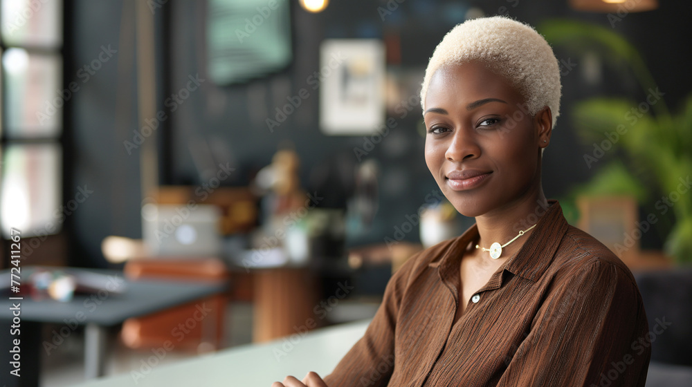 Mujer ejecutiva afroamericana trabajando en oficina - obrazy, fototapety, plakaty 