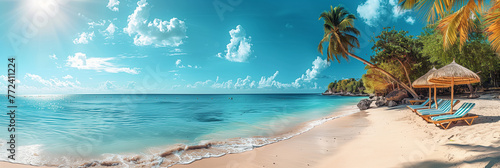 Panorama of sandy beach by the ocean with palm trees and sun loungers