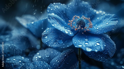  A macro photo of a blue flower with droplets on a dark background  featuring the flower in the foreground