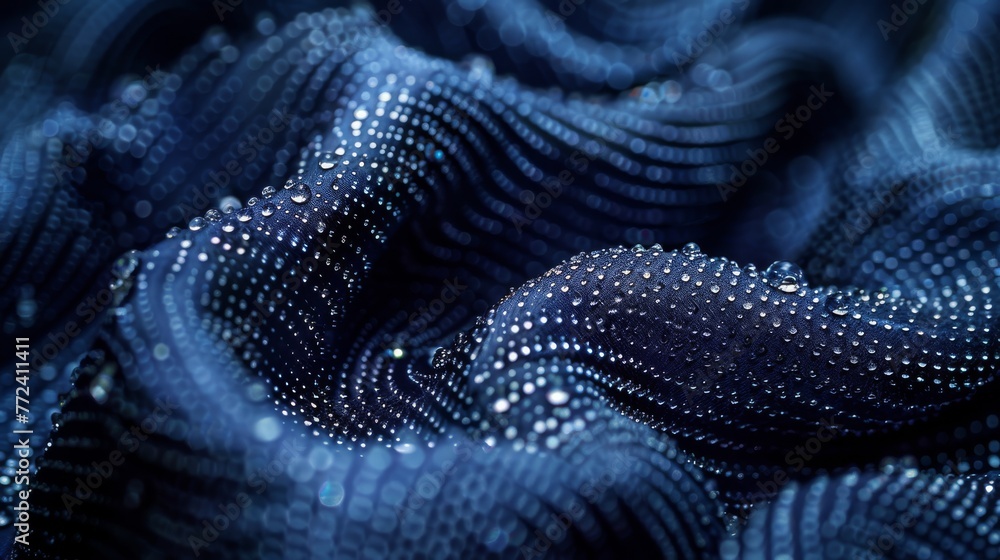 A clear photo of blue fabric with numerous tiny dots, and water droplets in sharp focus A clear photo of blue fabric with numerous tiny dots, and water droplets in sharp focus