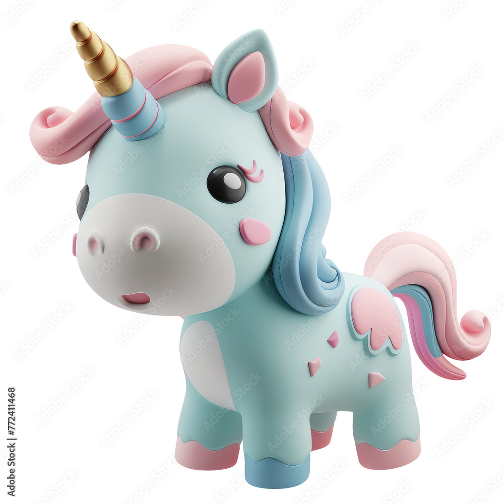Pretty cartoon unicorn with a horn character isolated on white background, clipart, cutout. Png with transparent background. 3d cute smiling horse.