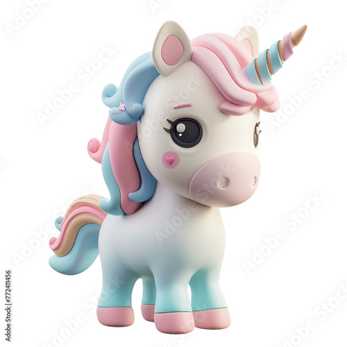 Pretty cartoon unicorn with a horn character isolated on white background, clipart, cutout. Png with transparent background. 3d cute smiling horse. © SnowElf