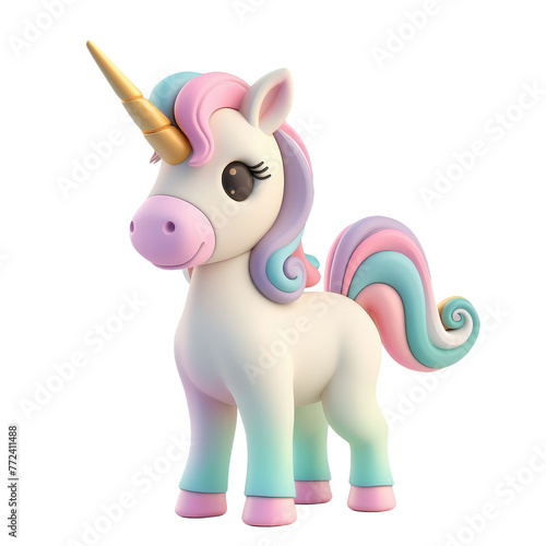 Pretty cartoon unicorn with a horn character isolated on white background  clipart  cutout. Png with transparent background. 3d cute smiling pastel horse.