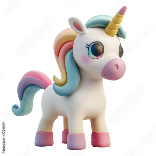 Pretty cartoon unicorn with a horn character isolated on white background  clipart  cutout. Png with transparent background. 3d cute smiling horse.