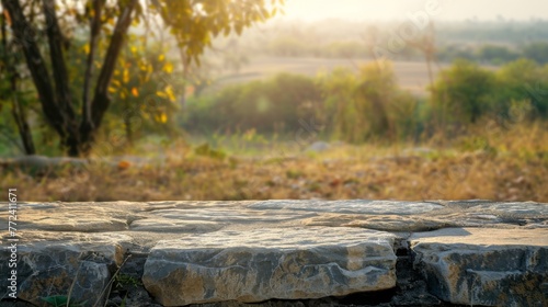 Stone table top with copy space. Countryside background