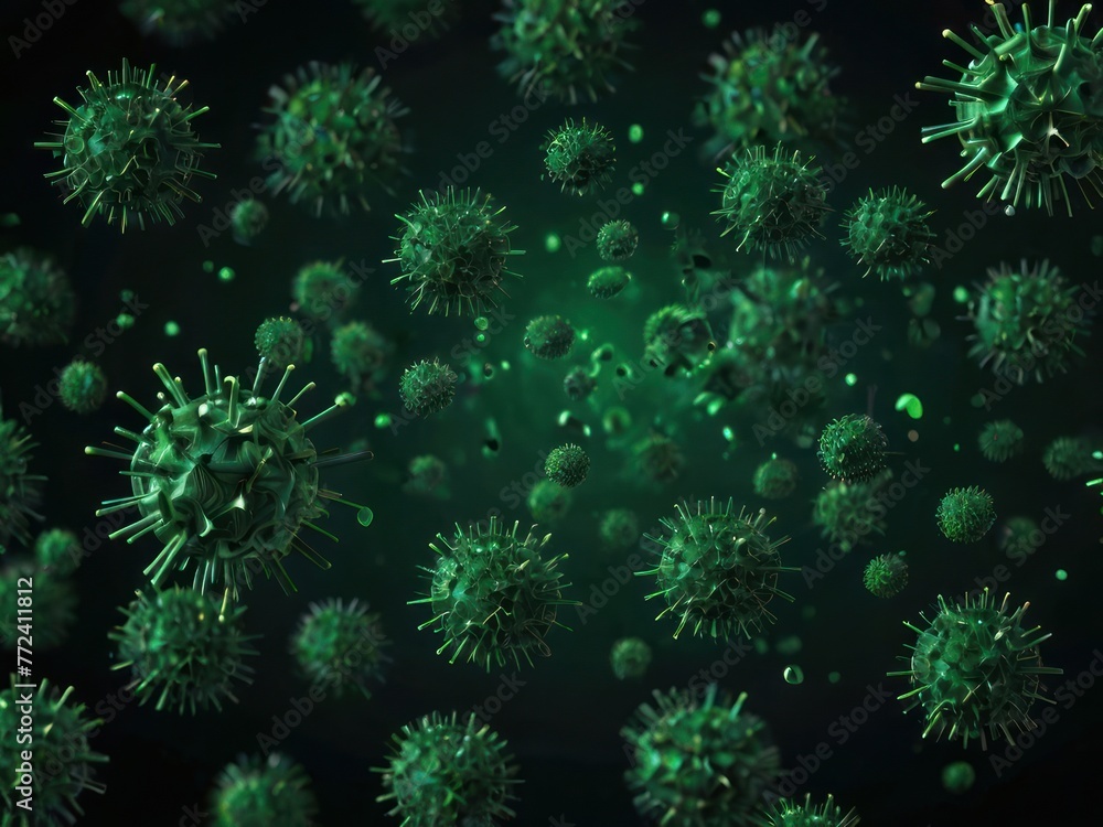 Fototapeta premium Close up virus cells isolated on dark colorful background. Virus or bacteria cells 