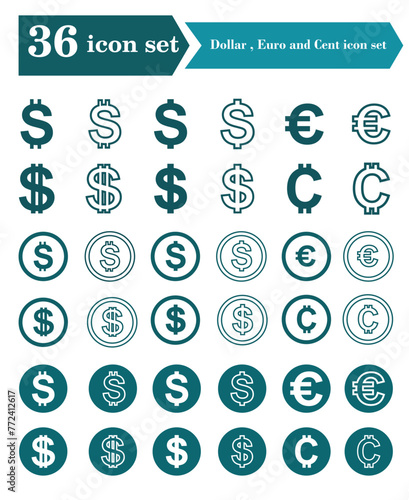 dollar, euro and cent icon set, simple design for graphic and business needs. vector eps 10.