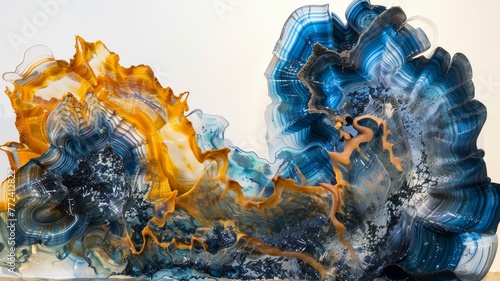 Art piece inspired by the BriggsRauscher oscillating reaction, where colors oscillate between clear, amber, and dark blue low texture