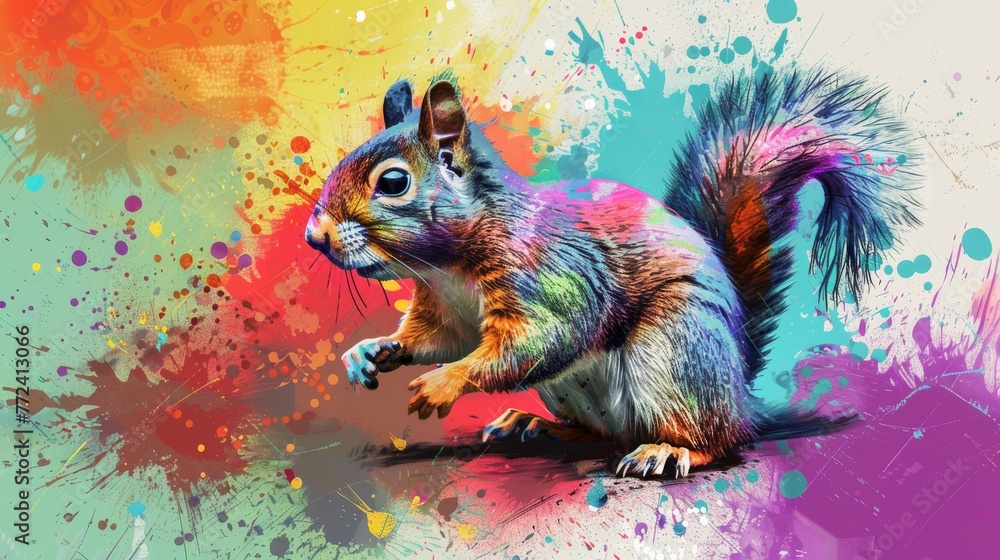 A colorful image depicts a squirrel perched on hind legs, surrounded by splattered paint on an energetic backdrop A colorful image depicts a squirrel perched on hind legs, surrounded by splattered paint on an energetic backdrop