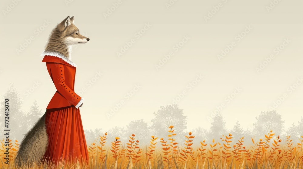  A portrait of a female wearing scarlet attire, with a canine on its back, against a pastoral backdrop - obrazy, fototapety, plakaty 