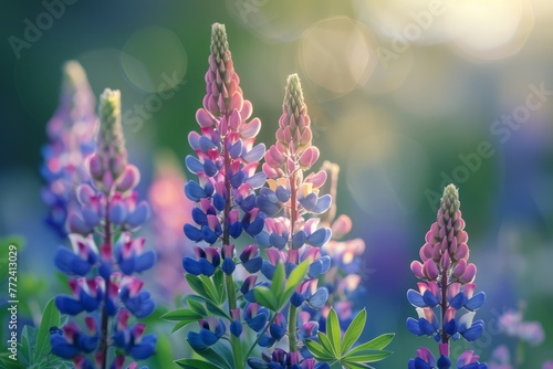 A closeup shot of colorful large-leaved lupine flowers in a forest