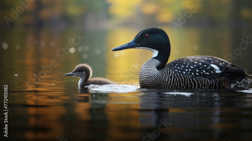 Loon duck and the baby group on the water, in the style of national geographic photo, loon family. photo