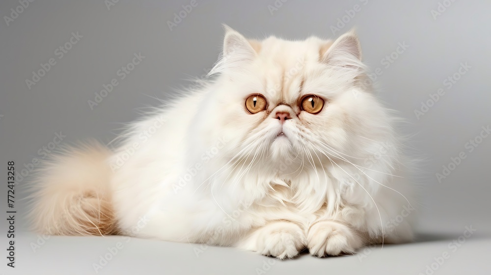 Full shot of a cream colored Persian cat with plaiyng