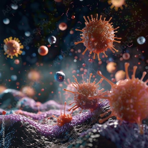 3D visualization of a virus attacking human cells, detailing the interaction at the cellular level no splash