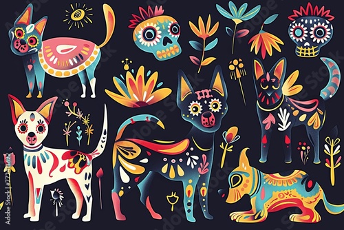 Seamless pattern with calavera sugar skull black cats   dogs in mexican style for holiday the Day of the Dead  Dia de Muertos