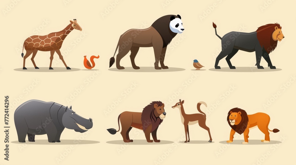  A group of animals standing together on a white background, against a brown and black one, with a giraffe, zebra, and lion present