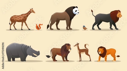  A group of animals standing together on a white background  against a brown and black one  with a giraffe  zebra  and lion present