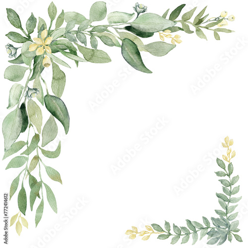Frame with spring greenery, watercolor illustration with leaves on transparent background #772414612