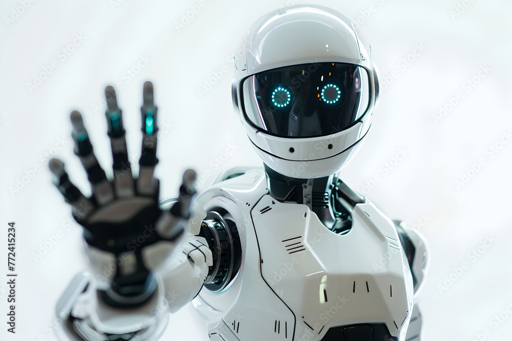 Naklejka premium Greeting robot waves his hand, hello technology of future. Friendly character android. Robot communication and help, ai computer