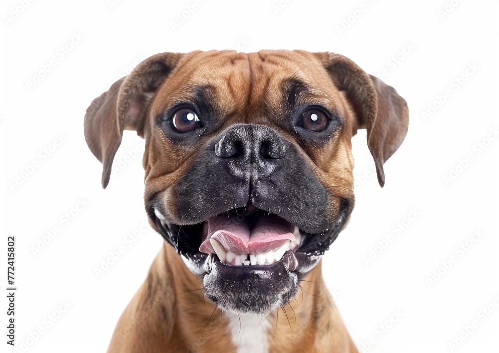 Smiling Boxer Dog with Playful Gaze, White Background