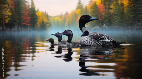 Loon duck and the baby group on the water, in the style of national geographic photo, loon family. photo