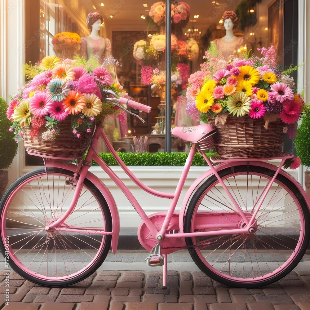 A Vintage Pink Bicycle with Baskets of Flowers