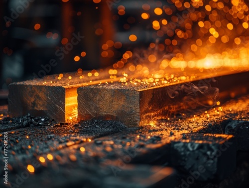 Macro shot of steel ingots being precision-cut, with sparks illuminating the dark background.