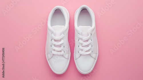 Pair of white male sneakers on a pink background
