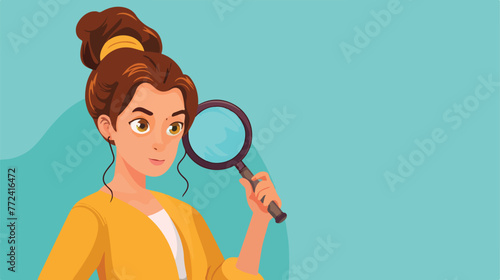Woman with magnifying glass flat cartoon vactor illustration