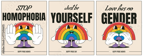 Set of cards for the Pride month celebration. Cute rainbow flag in groovy retro style. Stop Homophobia poster.