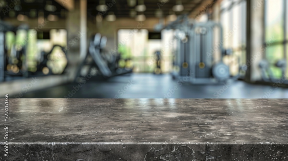 Stone table top with copy space. Gym background Stone table top with copy space. Gym background