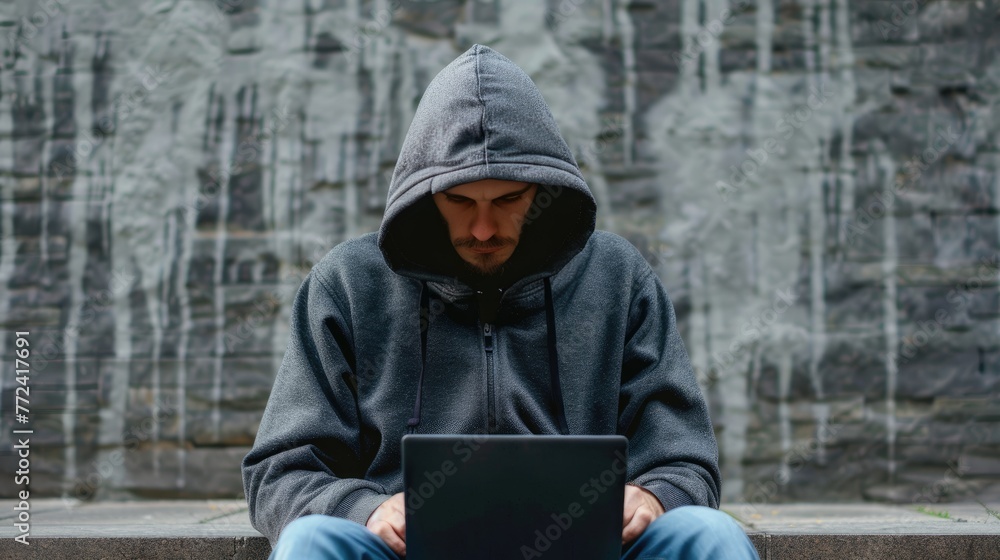 Hacker with a hoodie sits in a dark room, typing malicious code on a computer committing cybercrime Hacker with a hoodie sits in a dark room, typing malicious code on a computer committing cybercrime