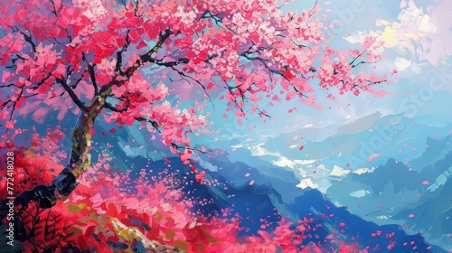 In expressive brushstrokes, this painting captures a stunning cherry blossom tree in full bloom beside a tranquil mountain lake.