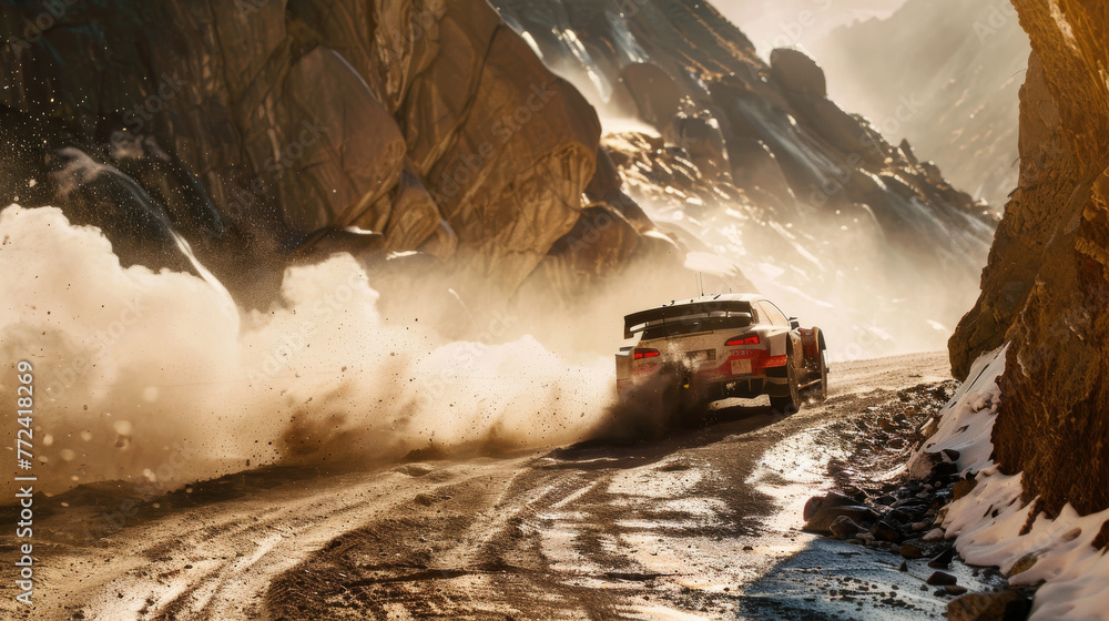 Canyon duel, rally cars overtaking on narrow roads, dust and gravel frozen in dynamic action - obrazy, fototapety, plakaty 