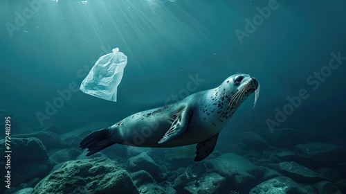 A seal in the ocean depths with plastic bag, symbol of the pervasive plastic pollution threatening marine life © Ilmi