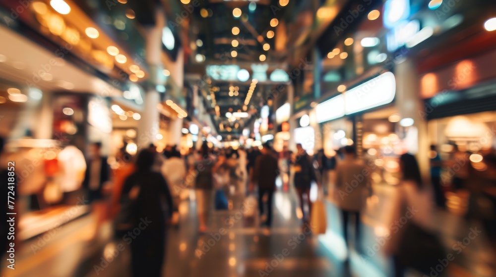 Abstract blurred photo of many people shopping inside department store or modern  shopping mall. Urban lifestyle and black Friday shopping, motion, speed, blurred, group, city, modern