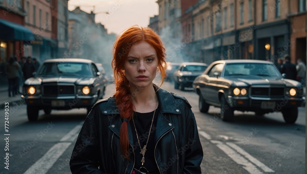 red-haired young woman in a leather jacket red-haired young woman in a leather jacket