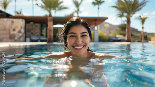 Happy woman with a bright smile swimming in a pool at a luxurious resort setting