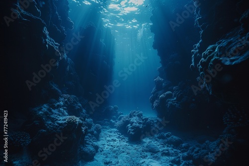 Sunbeams pierce the blue waters of an underwater canyon, highlighting the serene beauty of the coral reef ecosystem.