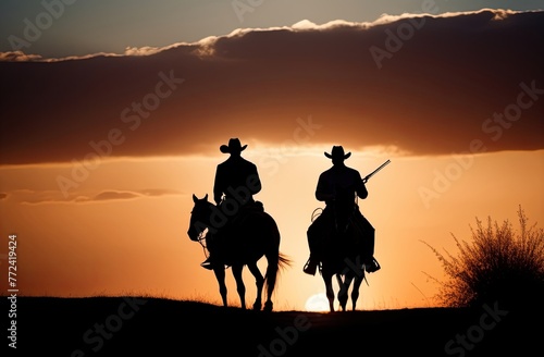 Cowboys on horseback galloping across the prairie against the backdrop of sunset. Illustration by Generative AI.